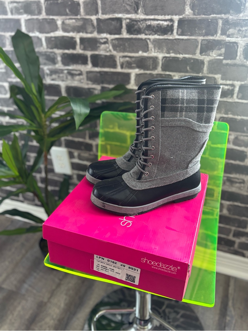 aerie Gray Plaid Lace-Up Waterproof Winter Boots